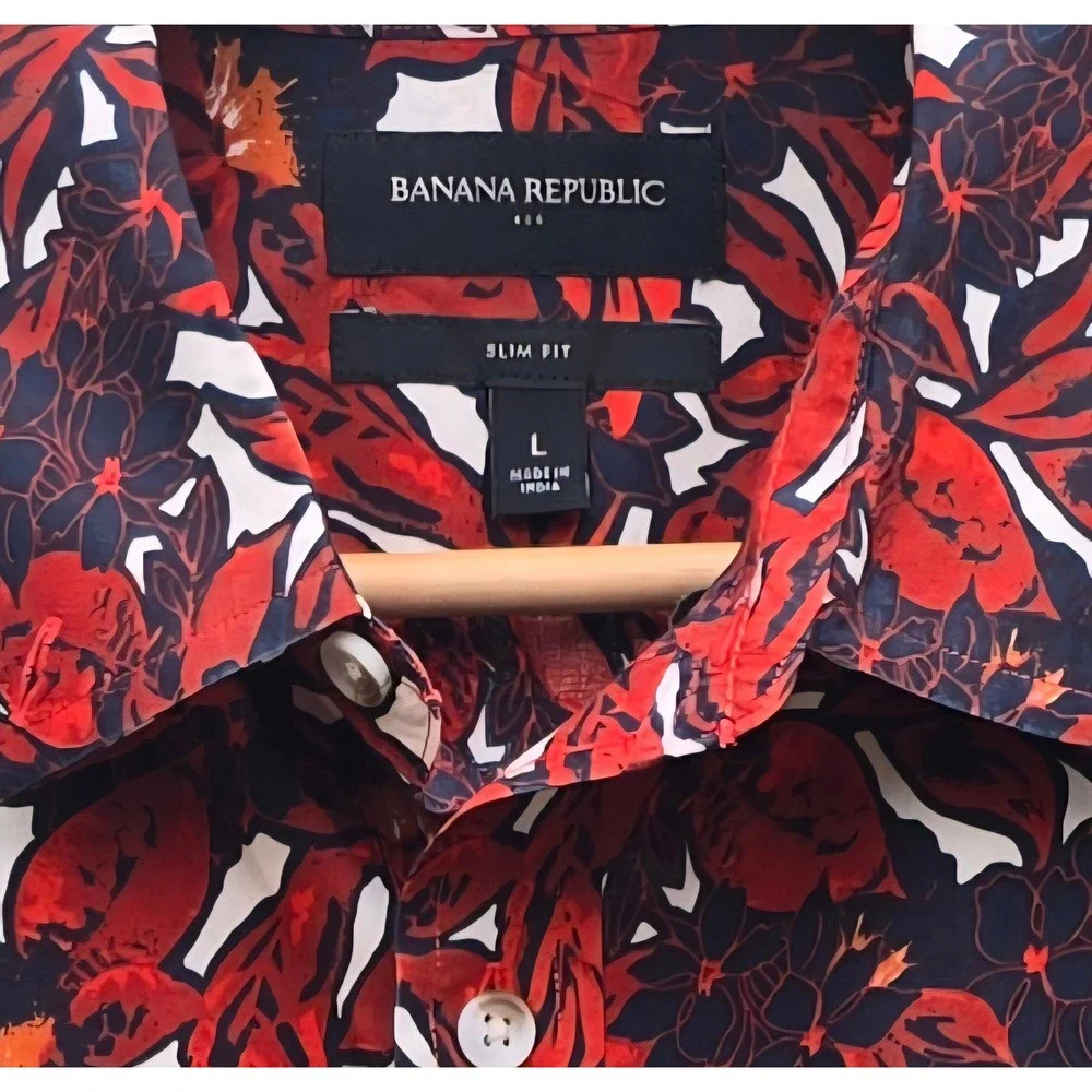 Banana Republic‎ Slim Fit Short Sleeve Floral Shirt Red Mens Size Large